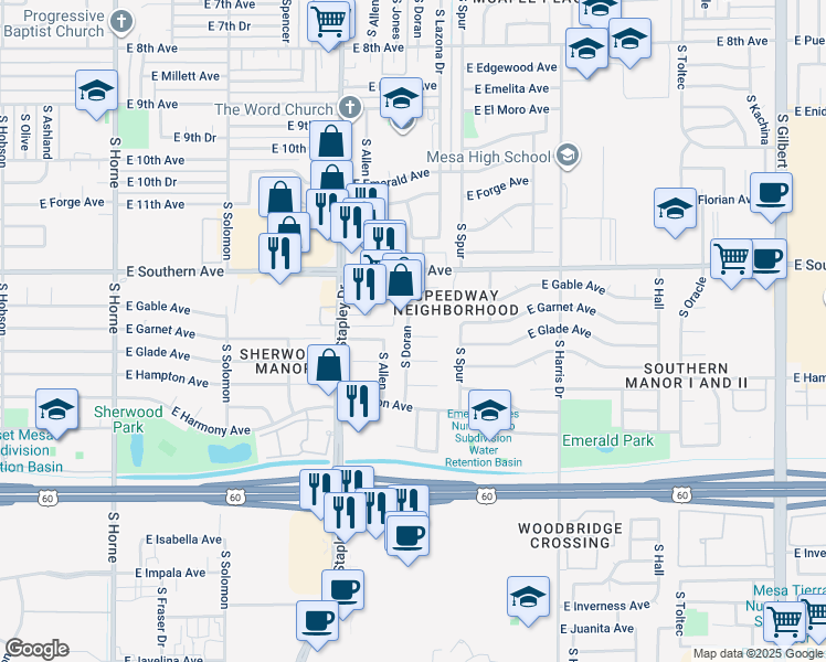 map of restaurants, bars, coffee shops, grocery stores, and more near 1314 East Glade Circle in Mesa