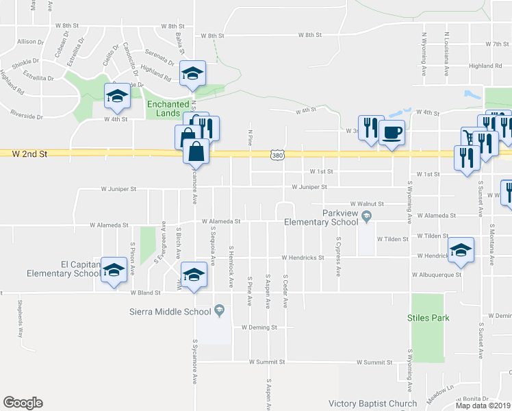 map of restaurants, bars, coffee shops, grocery stores, and more near 8 South Aspen Place in Roswell