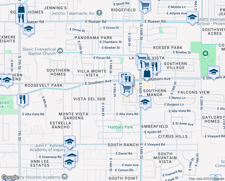map of restaurants, bars, coffee shops, grocery stores, and more near 6030 S 14th Pl in Phoenix