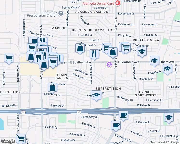 map of restaurants, bars, coffee shops, grocery stores, and more near 3342 South McAllister Avenue in Tempe