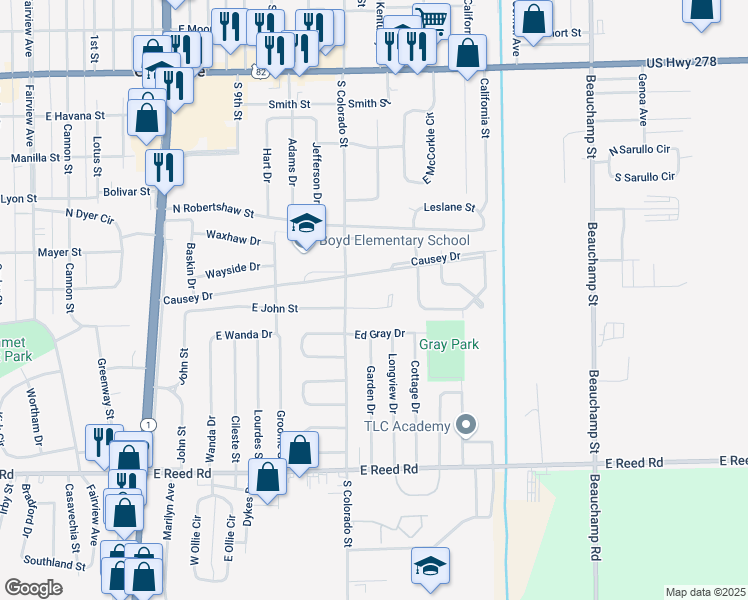 map of restaurants, bars, coffee shops, grocery stores, and more near 1434 East John Cove in Greenville