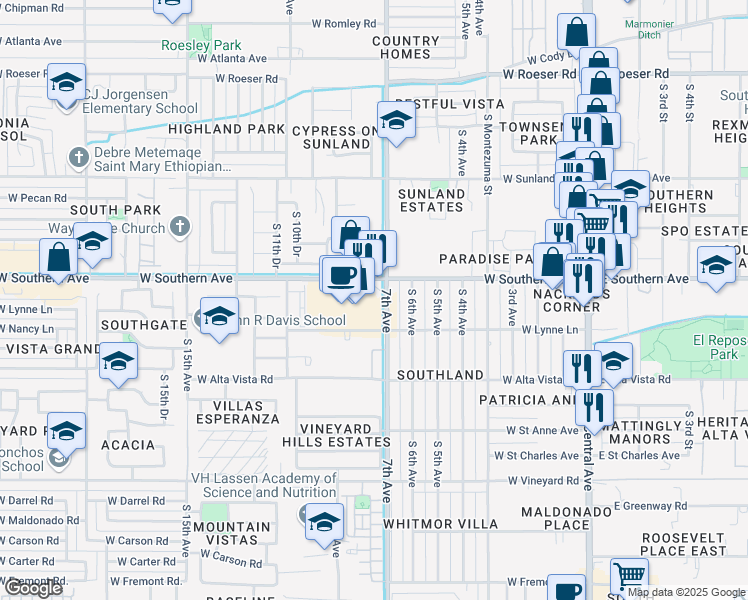 map of restaurants, bars, coffee shops, grocery stores, and more near 725 W Southern Ave in Phoenix