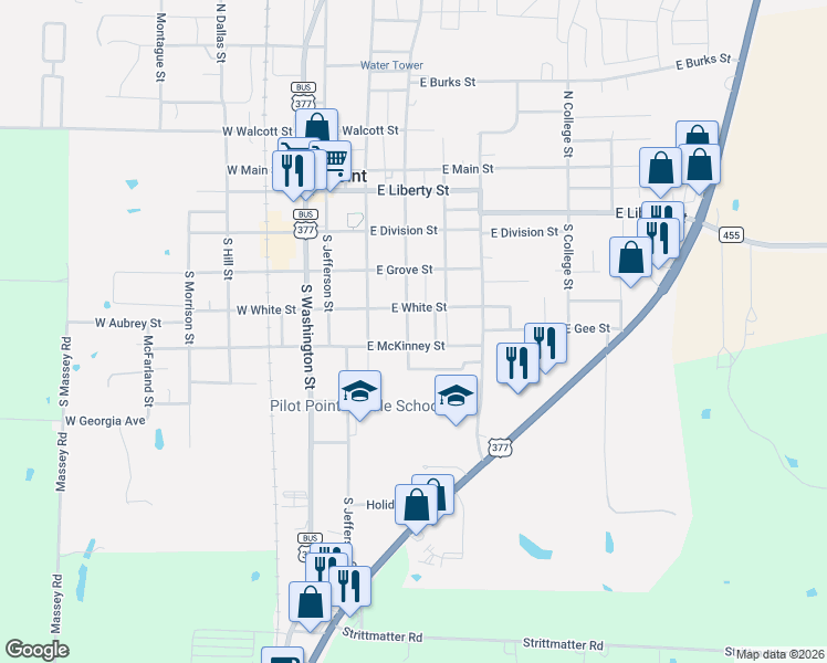 map of restaurants, bars, coffee shops, grocery stores, and more near 517 S Prairie St in Pilot Point