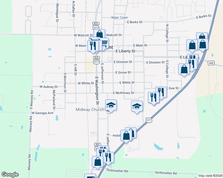 map of restaurants, bars, coffee shops, grocery stores, and more near 517 South Church Street in Pilot Point