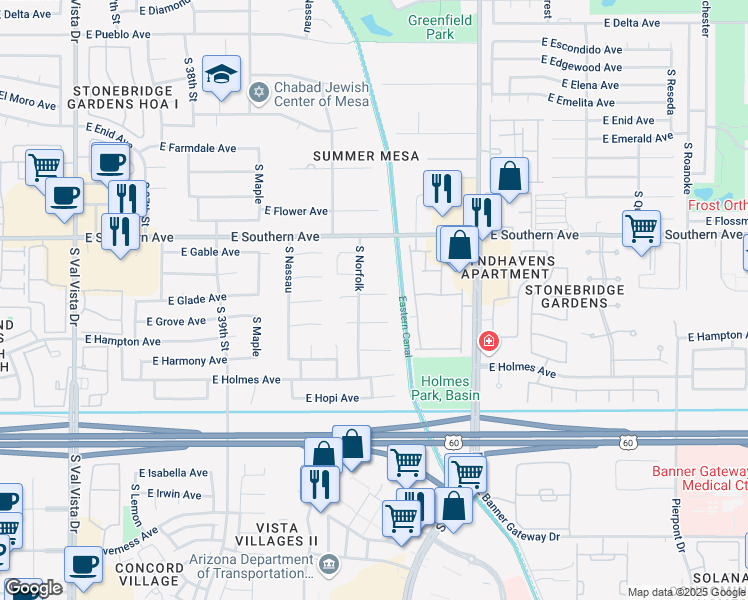 map of restaurants, bars, coffee shops, grocery stores, and more near 4143 East Glade Circle in Mesa