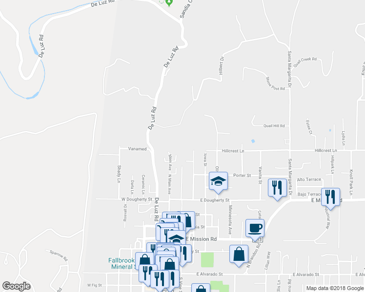 map of restaurants, bars, coffee shops, grocery stores, and more near 1046 North Orange Avenue in Fallbrook