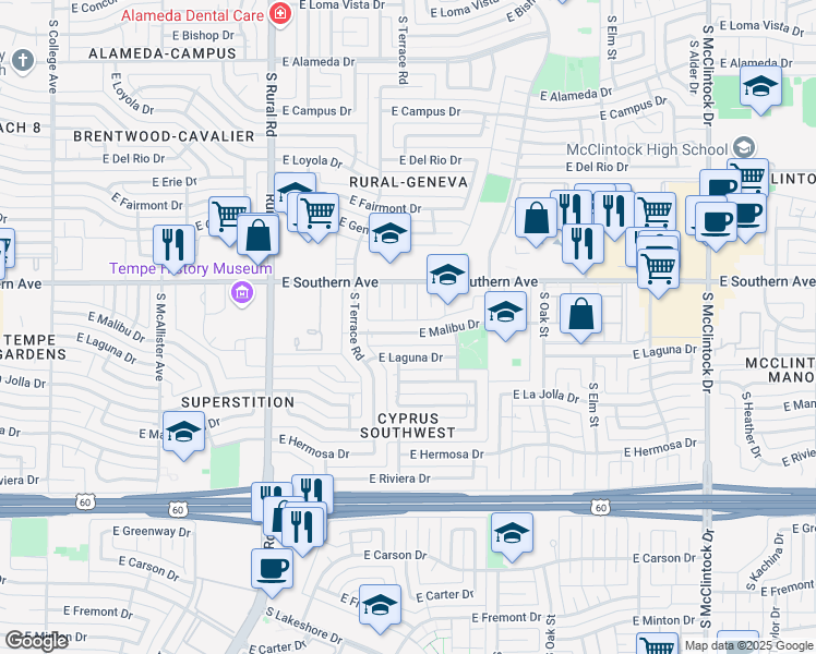 map of restaurants, bars, coffee shops, grocery stores, and more near 1152 East Malibu Drive in Tempe