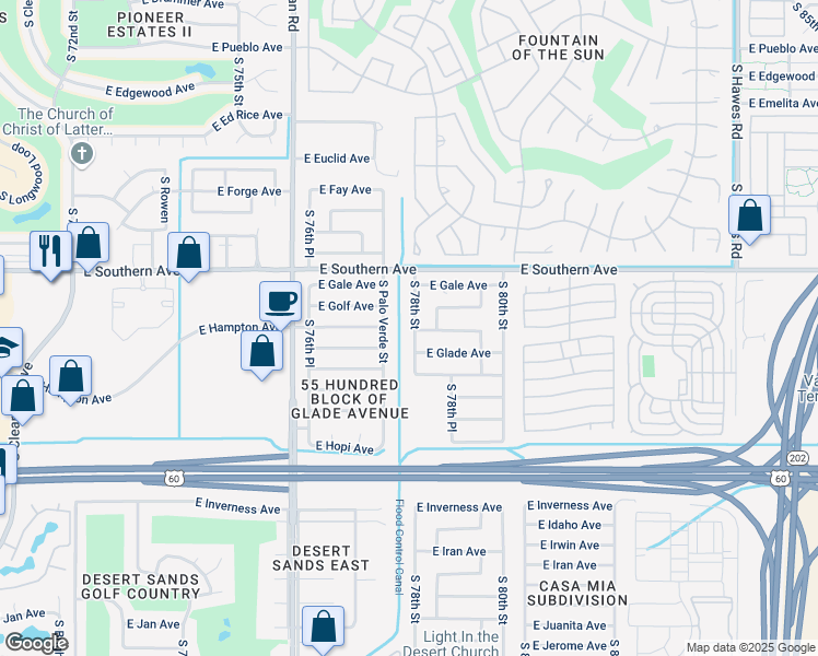 map of restaurants, bars, coffee shops, grocery stores, and more near 1262 South 78th Street in Mesa