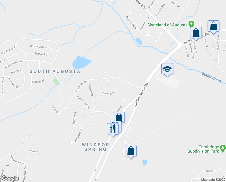 map of restaurants, bars, coffee shops, grocery stores, and more near 2515 Hanover Street in Hephzibah