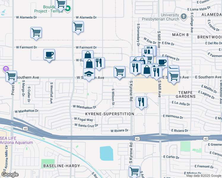 map of restaurants, bars, coffee shops, grocery stores, and more near 3500 South Wilson Street in Tempe