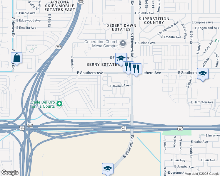 map of restaurants, bars, coffee shops, grocery stores, and more near 9039 East Garnet Avenue in Mesa