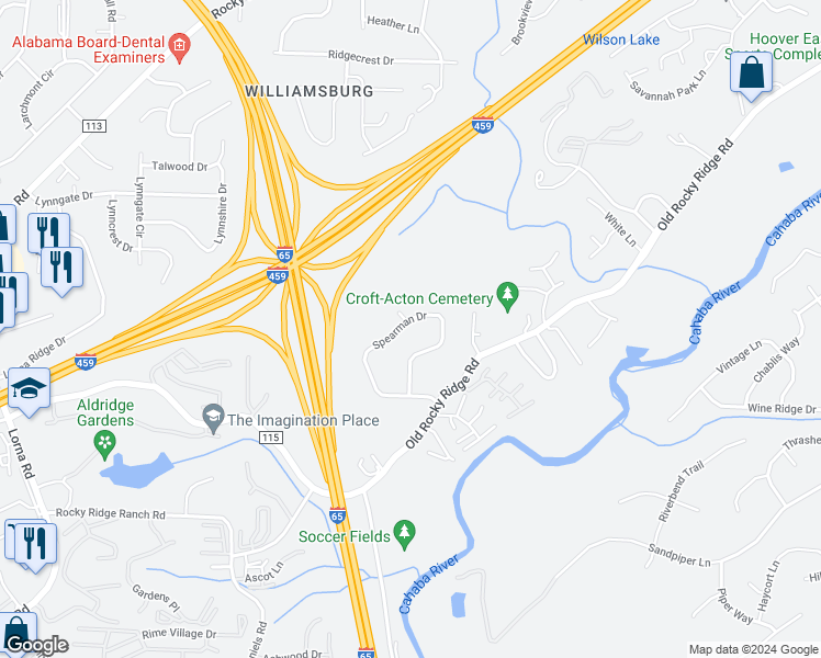 map of restaurants, bars, coffee shops, grocery stores, and more near 3726 Spearman Drive in Birmingham