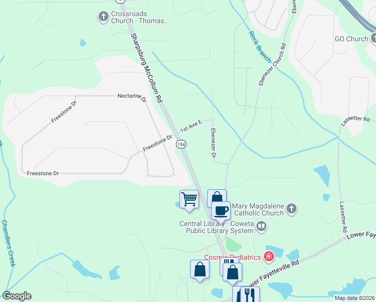 map of restaurants, bars, coffee shops, grocery stores, and more near 2211 Sharpsburg McCollum Road in Newnan
