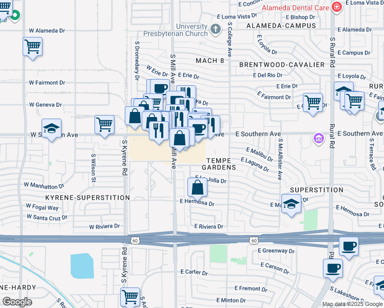 map of restaurants, bars, coffee shops, grocery stores, and more near 95 East Southern Avenue in Tempe