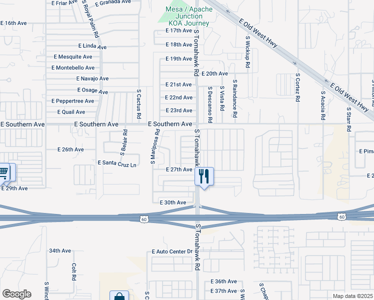 map of restaurants, bars, coffee shops, grocery stores, and more near 1525 East 26th Avenue in Apache Junction