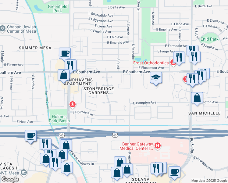 map of restaurants, bars, coffee shops, grocery stores, and more near 4658 East Glade Circle in Mesa