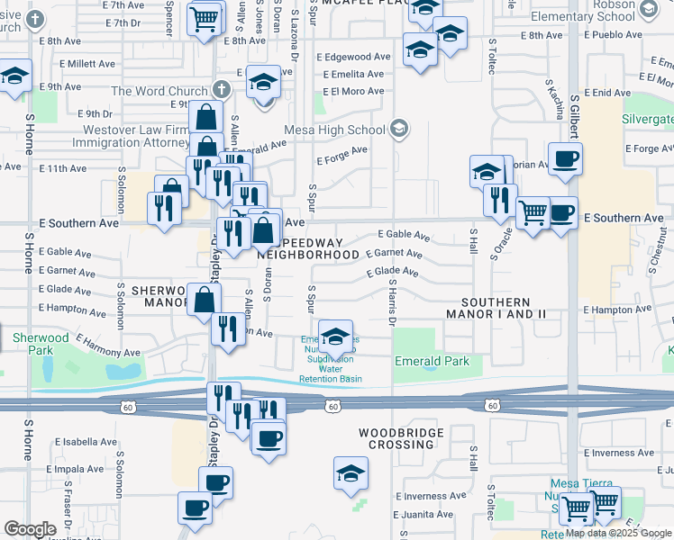 map of restaurants, bars, coffee shops, grocery stores, and more near 1451 East Garnet Avenue in Mesa