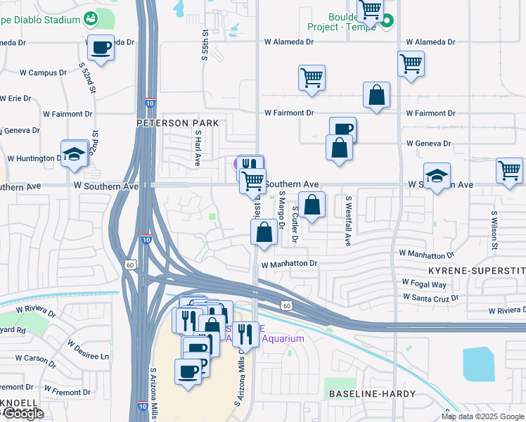 map of restaurants, bars, coffee shops, grocery stores, and more near 16G South Priest Drive in Tempe
