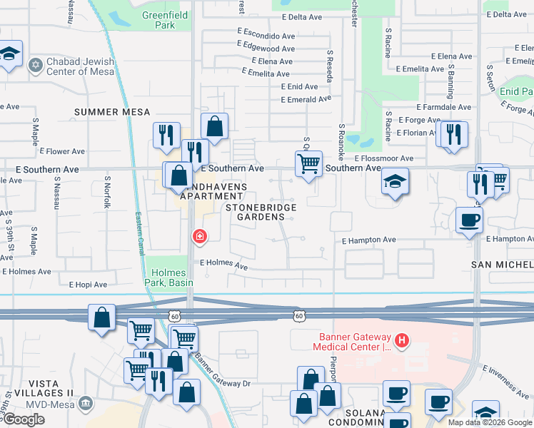 map of restaurants, bars, coffee shops, grocery stores, and more near 4612 E Glade Cir in Mesa
