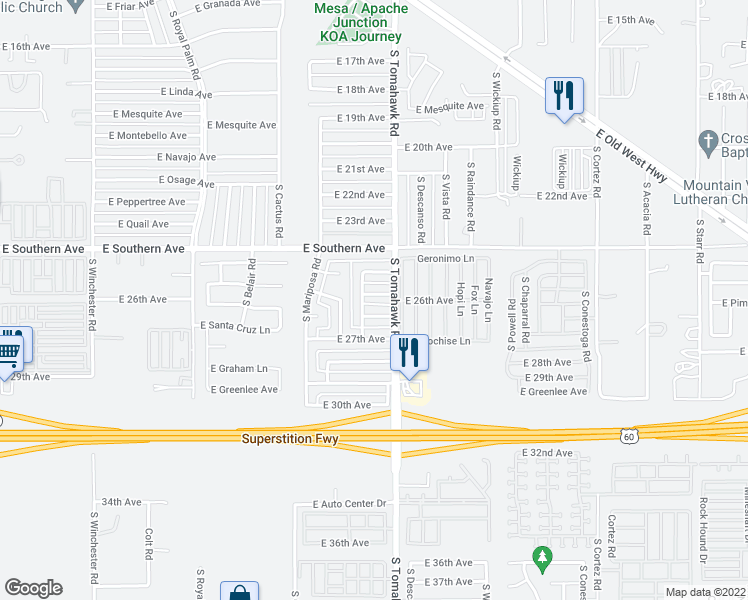 map of restaurants, bars, coffee shops, grocery stores, and more near 1541 East 26th Avenue in Apache Junction