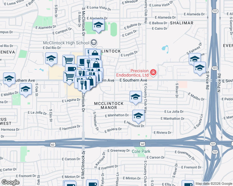 map of restaurants, bars, coffee shops, grocery stores, and more near 1910 East Laguna Drive in Tempe