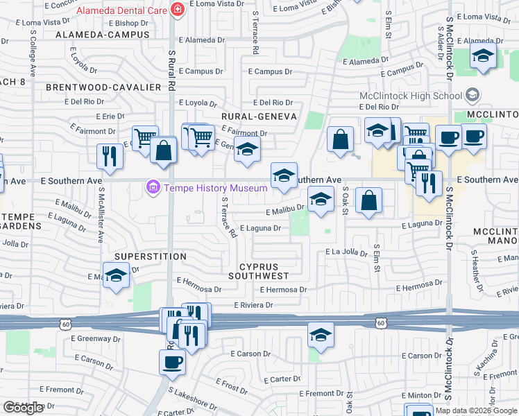 map of restaurants, bars, coffee shops, grocery stores, and more near 1152 East Malibu Drive in Tempe