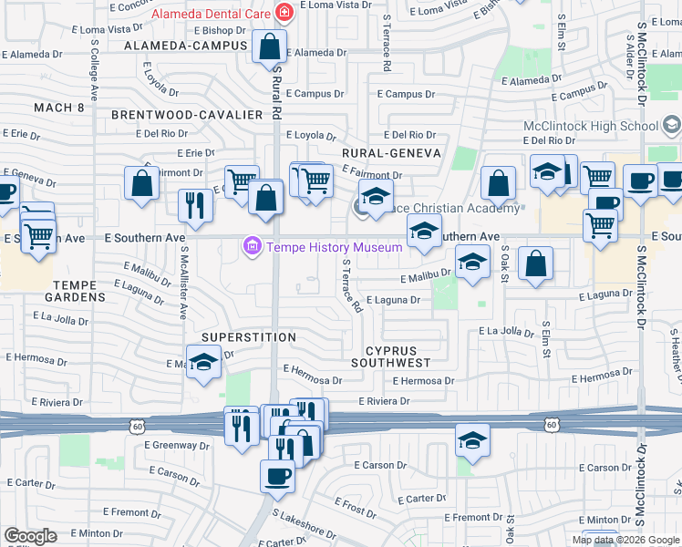 map of restaurants, bars, coffee shops, grocery stores, and more near 1001 East Southern Avenue in Tempe