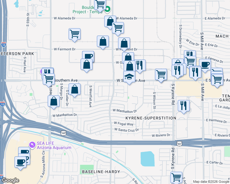map of restaurants, bars, coffee shops, grocery stores, and more near 3410 South Hardy Drive in Tempe