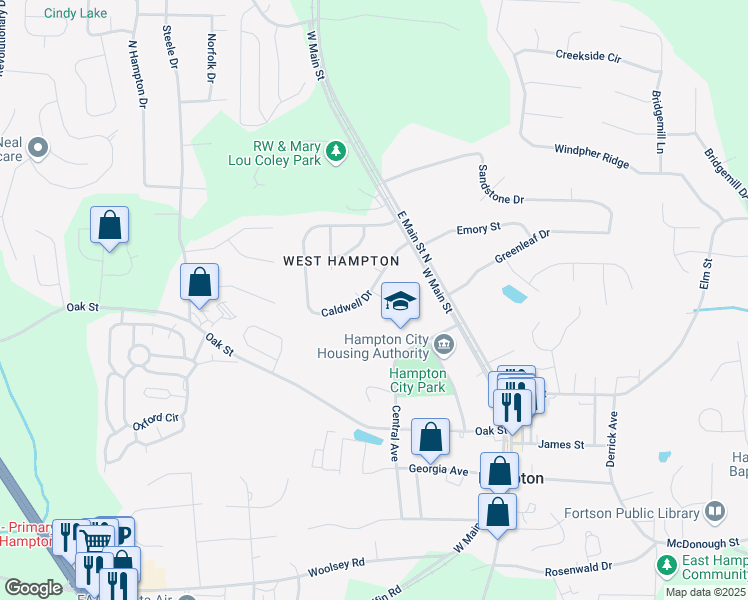 map of restaurants, bars, coffee shops, grocery stores, and more near 15 Porter Circle in Hampton