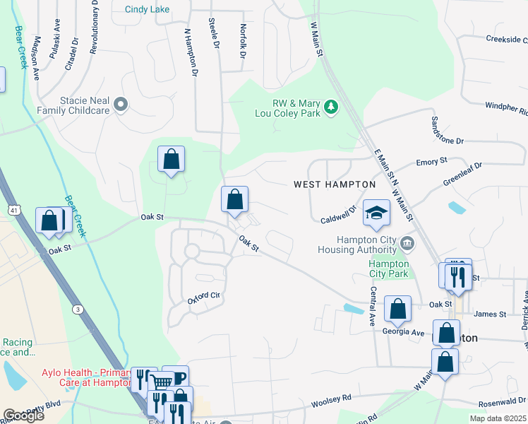 map of restaurants, bars, coffee shops, grocery stores, and more near 109 Jay Lane in Hampton