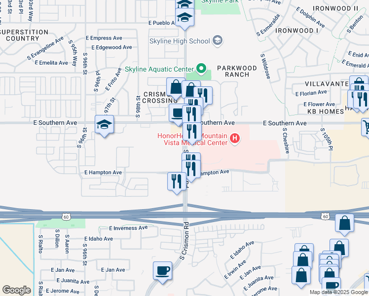 map of restaurants, bars, coffee shops, grocery stores, and more near 1300 South Crismon Road in Mesa