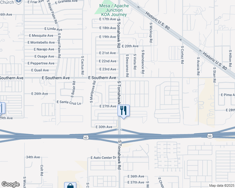 map of restaurants, bars, coffee shops, grocery stores, and more near 1573 East 26th Avenue in Apache Junction