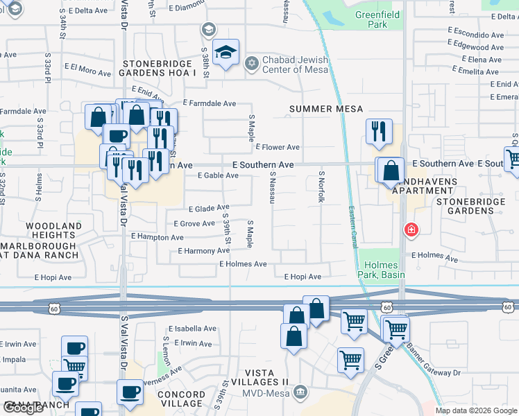 map of restaurants, bars, coffee shops, grocery stores, and more near 1257 S Maple in Mesa
