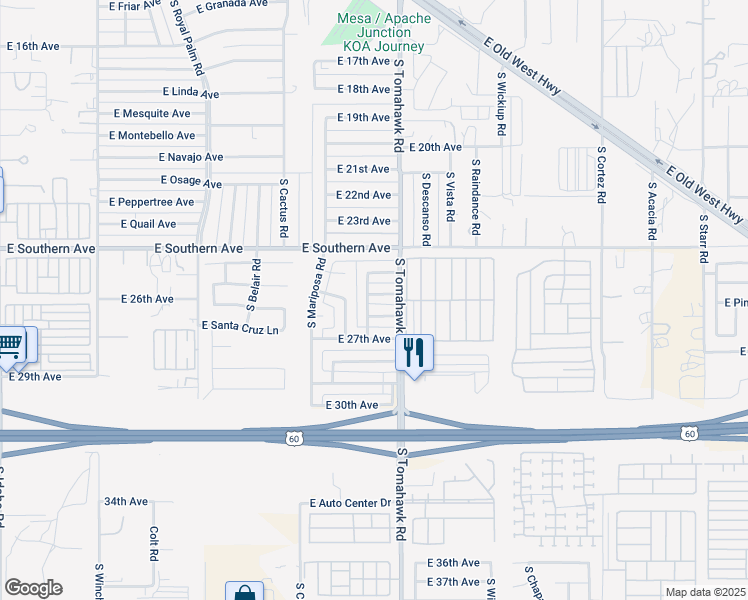 map of restaurants, bars, coffee shops, grocery stores, and more near 2625 South Yavapai Road in Apache Junction
