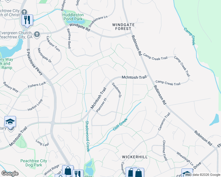 map of restaurants, bars, coffee shops, grocery stores, and more near 202 Planceer Place in Peachtree City