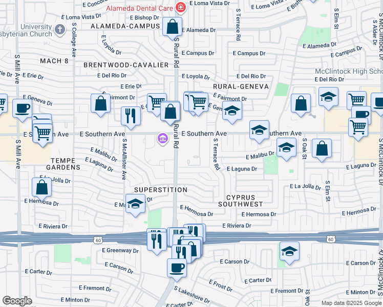 map of restaurants, bars, coffee shops, grocery stores, and more near 3409 South Rural Road in Tempe