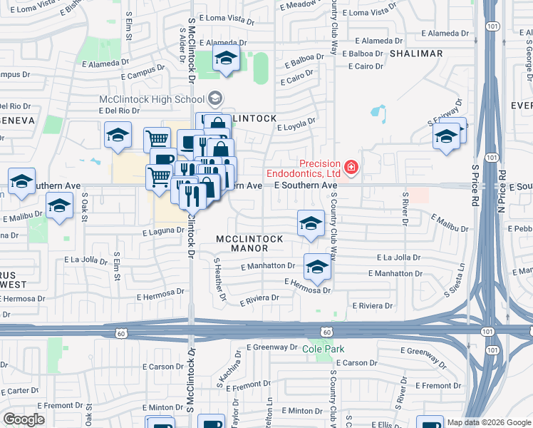 map of restaurants, bars, coffee shops, grocery stores, and more near 1910 East Laguna Drive in Tempe