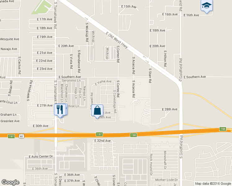 map of restaurants, bars, coffee shops, grocery stores, and more near 2579 South Conestoga Road in Apache Junction