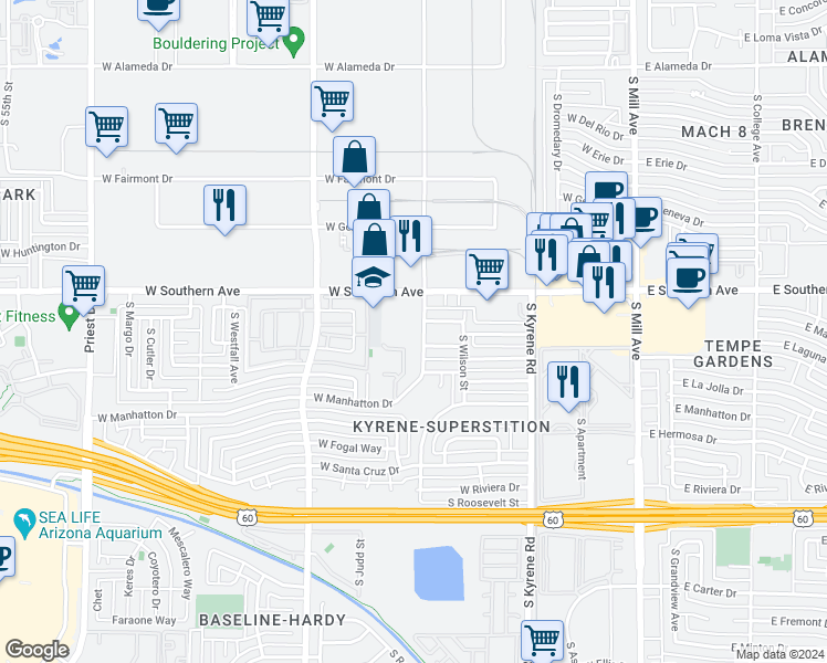 map of restaurants, bars, coffee shops, grocery stores, and more near 3412 South Roosevelt Street in Tempe