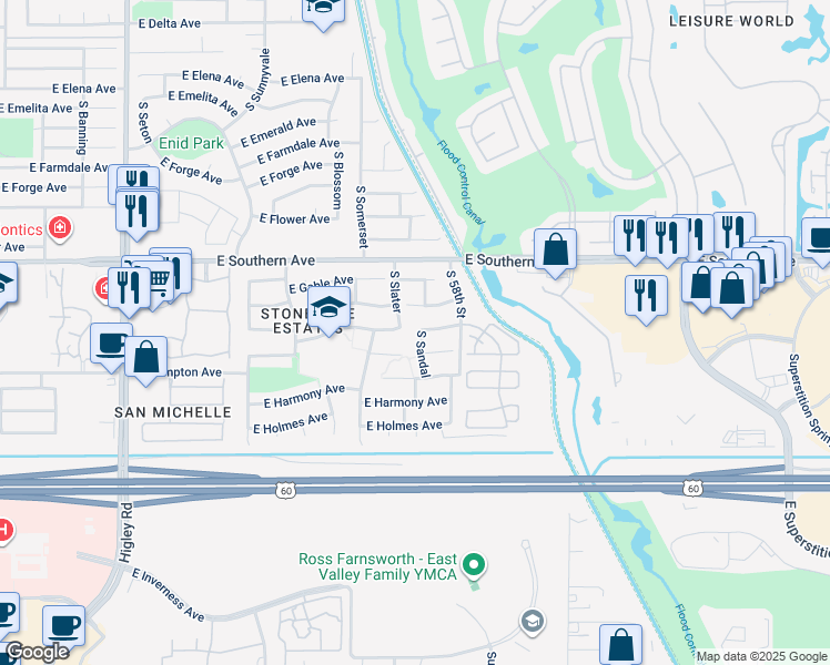 map of restaurants, bars, coffee shops, grocery stores, and more near 1310 South Sandal in Mesa