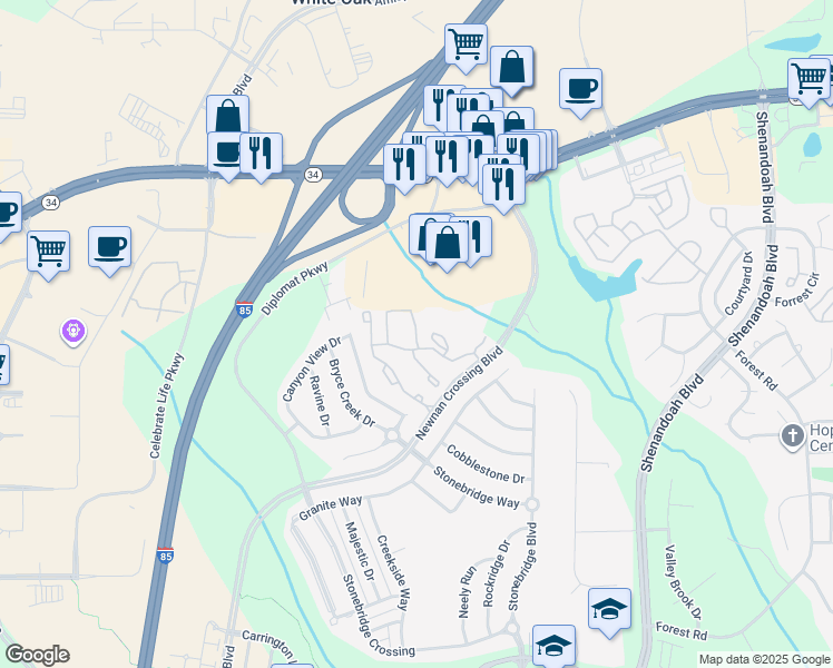 map of restaurants, bars, coffee shops, grocery stores, and more near 1200 Newnan Crossing Boulevard in Newnan