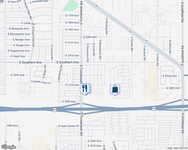 map of restaurants, bars, coffee shops, grocery stores, and more near 2605 South Tomahawk Road in Apache Junction