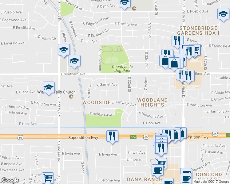 map of restaurants, bars, coffee shops, grocery stores, and more near 3157 E Glade Ave in Mesa