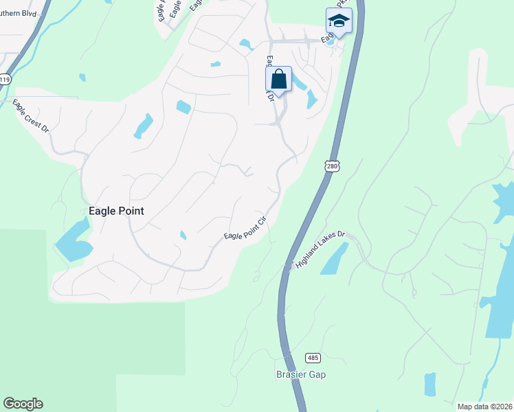 map of restaurants, bars, coffee shops, grocery stores, and more near 1004 Eagle Creek Cove in Birmingham