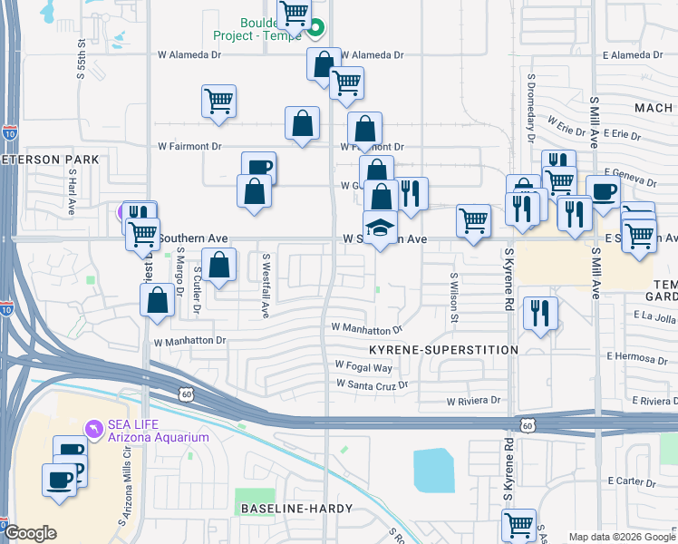 map of restaurants, bars, coffee shops, grocery stores, and more near 3410 South Hardy Drive in Tempe