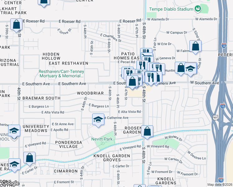 map of restaurants, bars, coffee shops, grocery stores, and more near 6030 South 46th Place in Phoenix