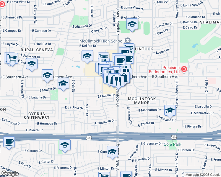 map of restaurants, bars, coffee shops, grocery stores, and more near 1719 East Southern Avenue in Tempe