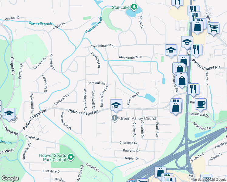 map of restaurants, bars, coffee shops, grocery stores, and more near 3222 Heathrow Downs in Birmingham