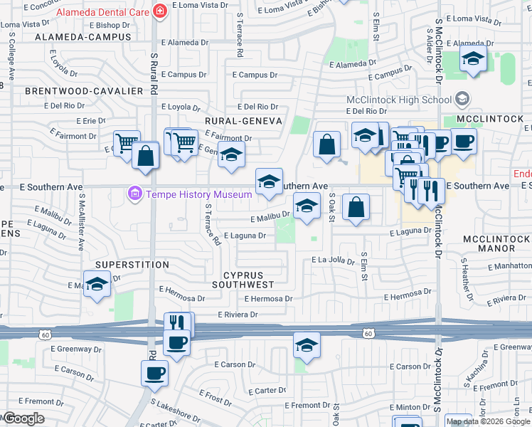 map of restaurants, bars, coffee shops, grocery stores, and more near 1228 East Malibu Drive in Tempe