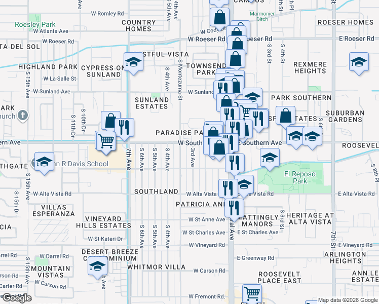 map of restaurants, bars, coffee shops, grocery stores, and more near 6016 South 3rd Avenue in Phoenix